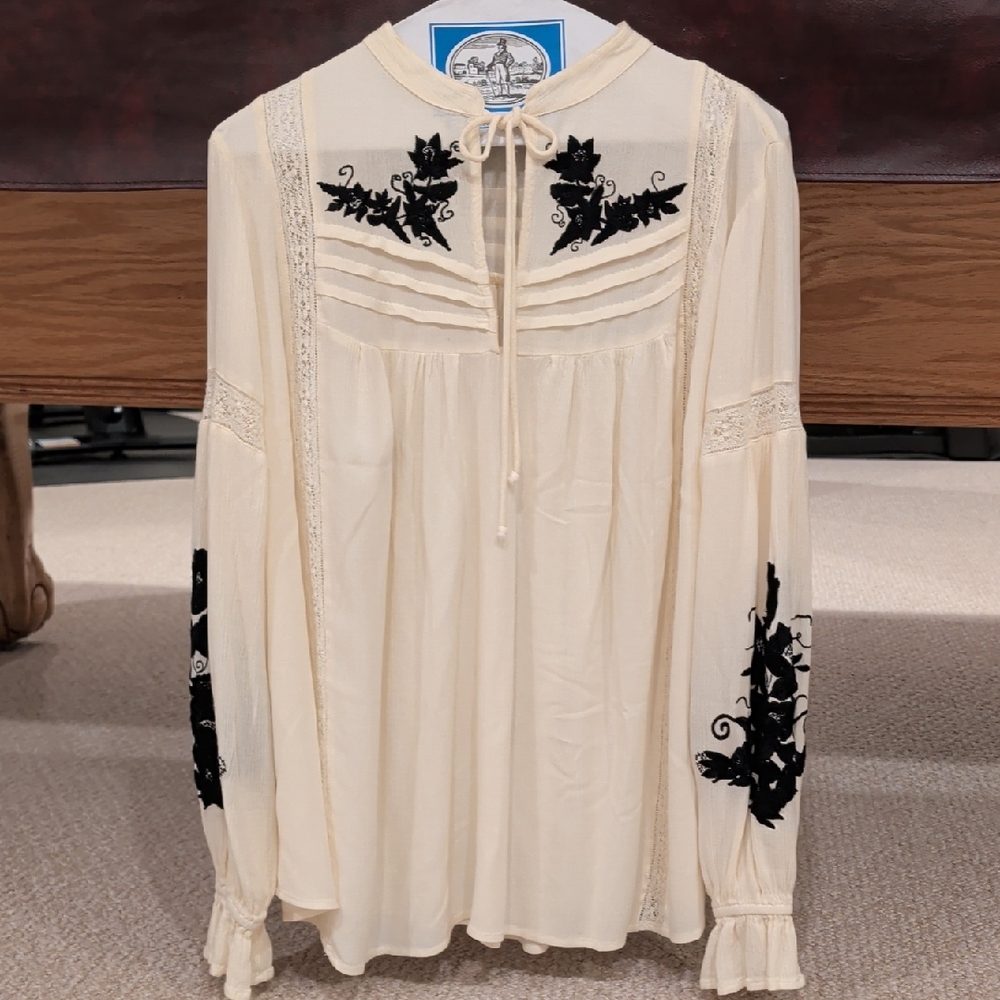Free People Cream Tusalossa Blouse with Black Floral Detail